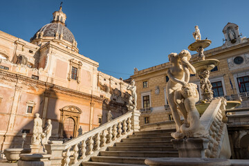 Fototapeta na wymiar The Praetorian Fountain or Fontana Pretoria in Palermo, Sicily, Italy
