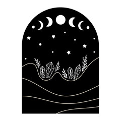 Celestial Landscape design element with moon phases. Vector illustration.