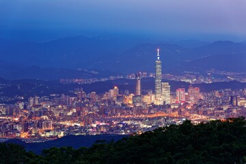 Panoramic aerial view of crowded Taipei City, Taipei 101, XinYi Commercial District, Keelung River and downtown area at moody dusk ~ Taipei City skyline in evening twilight