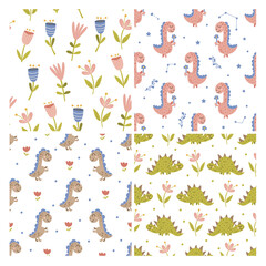 Set of dinosaur and floral patterns. Vector illustration.