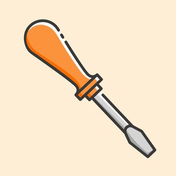 Flat-head screwdriver with orange plastic handle colorful icon. Vector outline flat icon on yellow background. Hand construction tool for renovation work.