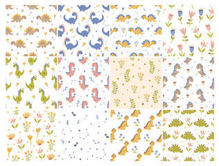 Set of dinosaur and floral patterns. Vector illustration.
