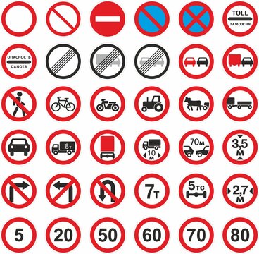 Vector road prohibition signs. Stop, stop, no parking, bicycles, pedestrians, length, distance, motorcycle, tractor, trailer, customs, turn