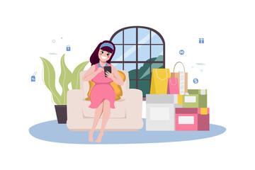 Young woman pregnant shopping online and delivery service.