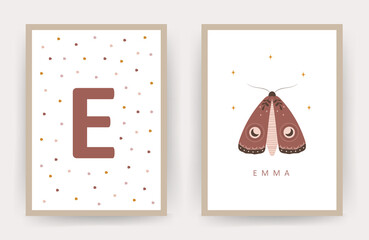 Boho moth. Posters with kid name. Scandinavian design for children room wall decor. Cute pastel vector illustration in cartoon style.