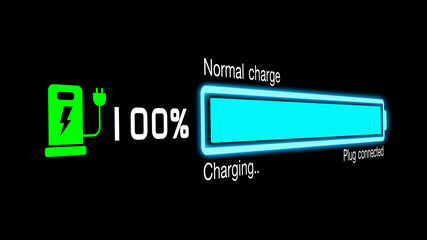 Colorful electric vehicle car charging battery indicating progress of the increasing with percentage show fill up to 100%