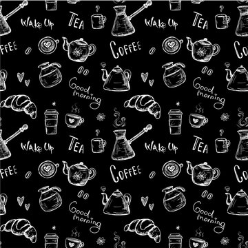Coffee and tea, doodle seamless pattern. Hand drawing sketch, monochrome texture. Different cups, mugs and coffee pots on black background.