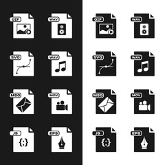 Set WAV file document, SVG, GIF, MSG, MOV, EPS and JS icon. Vector