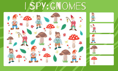 I spy game. Childrens educational fun. Count how many gnomes. Flat hand drawn mushroom, strawberry, leprechaun and flowers. Vector fairy template for preschool games. Education task sheet