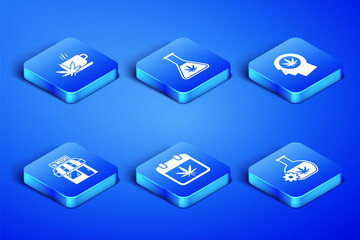 Set Test tube with marijuana, Cup tea, Calendar and, Marijuana cannabis store, and Head in profile icon. Vector