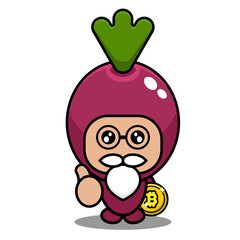 simple bearded sweet potato mascot costume character cartoon vector holding bitcoin with thumbs up