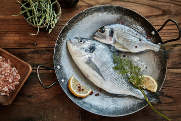 Two whole fresh raw gilt-head bream in a wok or skillet