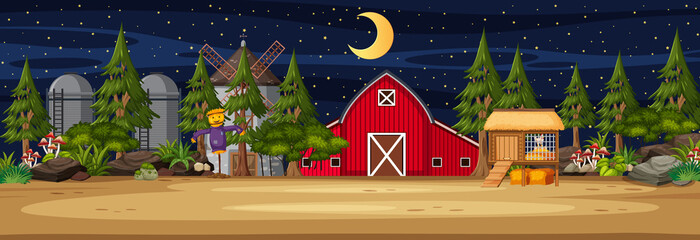 Farmland horizontal scene with barn and windmill at night time © brgfx