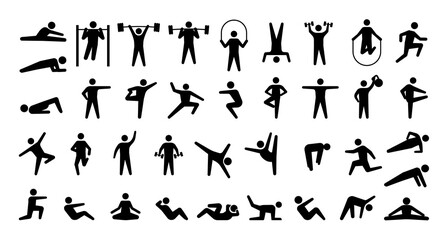 Fototapeta na wymiar Human sport icons. Physical training. Fitness and gym exercises. Yoga or aerobic workout. Isolated symbols with stick man. Minimal athletic person. Body silhouettes. Vector signs set