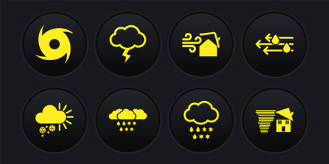 Set Cloudy with snow, Wind and rain, Tornado swirl, Storm, and icon. Vector