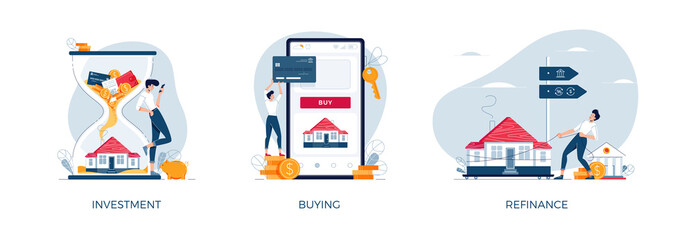 Property banners set. House-buying, mortgage refinancing, real estate investment. Invest in house, property purchase, loan refinance concepts collection for web design.Modern flat vector illustration