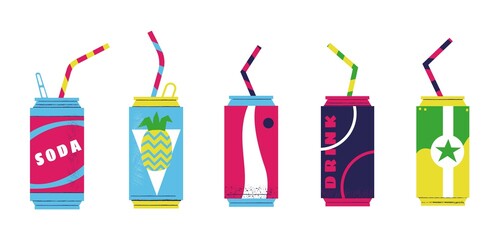 Soda cans. Cartoon fizzy sweet summer drinks in metal bottles with plastic straws. Fruit juice carbonated water set. Glasses for soft beverages. Vector refreshing ice tea and cocktails