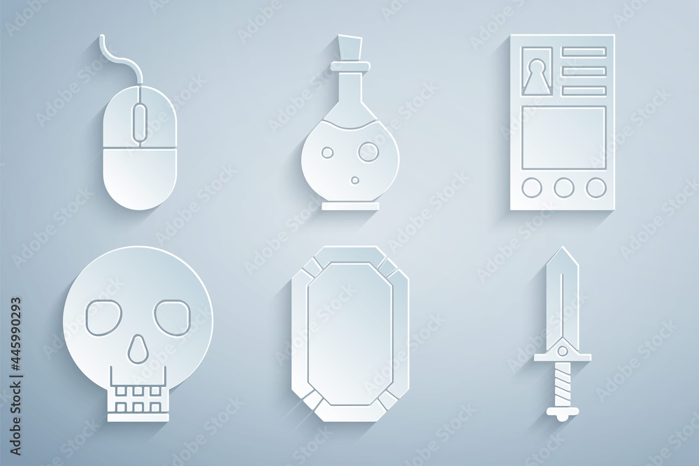Poster set poker table, create account screen, skull, sword for game, bottle with magic elixir and computer