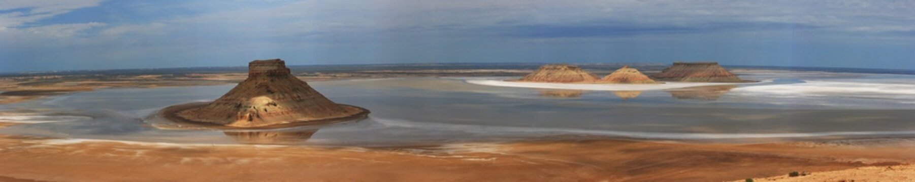 Kazakhstan, Mangystau. Rocky outliers on Lake Karynzharyk.