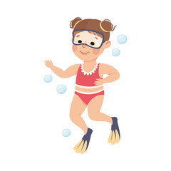 Little Girl in Goggles and Flippers Swimming Underwater with Bubbles Vector Illustration