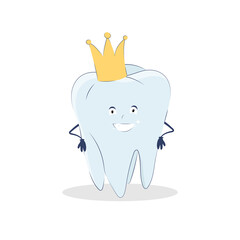 Cute tooth with crown, human face and handles isolated on white background. Vector hand drawn illustration in cartoon style.