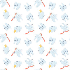 Seamless pattern with cute teeth on a white background. Vector endless texture with teeth and toothbrushes