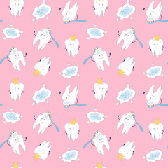 Fototapeta premium Seamless pattern with cute characters teeth on a pink background. Vector endless texture with teeth and toothbrushes
