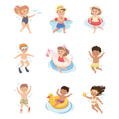 Little Children Swimming with Rubber Ring and Flippers in Water Vector Set