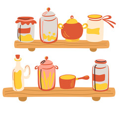 Kitchen wooden shelves with glass jars. Delicious canned food, organic nutrition, homemade preserves, home preservation. Different shape jars and bottle. Vector illustration in flat cartoon style.