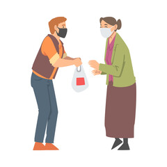 Man Volunteer in Face Mask Giving Food to Senior Woman Engaged in Charity Activity Donating It to Needy Vector Illustration