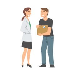 Man Volunteer Holding Box with Medicine Giving It to Medical Worker Engaged in Charity Activity Donating It to Needy Vector Illustration
