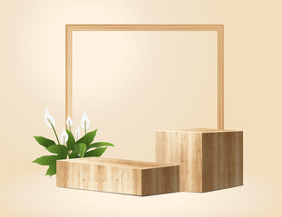 Abstract minimal scene with geometric vector wood podium, presentation mock up, show cosmetic product display stage pedestal design