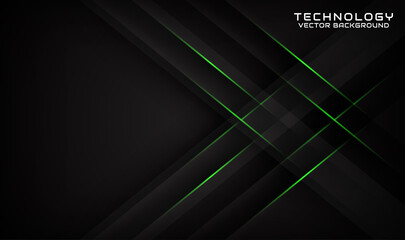 Abstract 3d black techno background overlap layers on dark space with geometry green lines decoration. Modern design template element future style for flyer, card, cover, brochure, or landing page