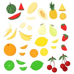 Set of cute cartoon fruits. Watermelon, melon, pineapple, banana, pear, orange, lemon, lime, pear, strawberry, cherry. Drawing for design postcards, digital design. Isolated flat vector illustration.