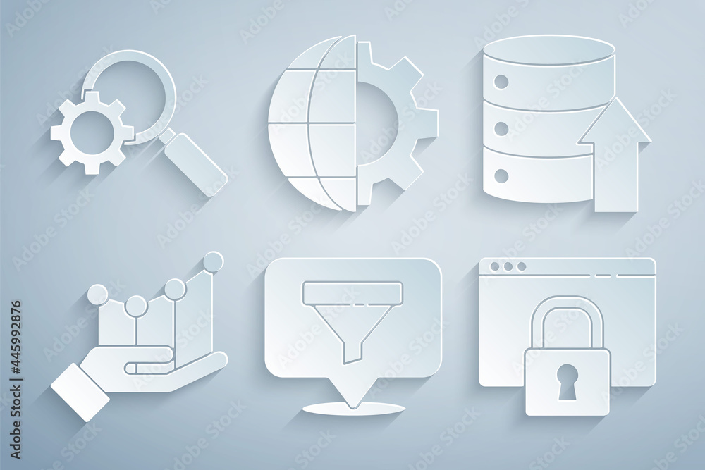 Poster set location with sales funnel, server, data, web hosting, pie chart infographic, secure your site h