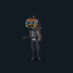 Pixel art cartoon pumpkin robot character.