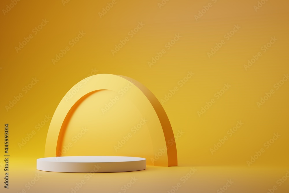 Poster 3d render of light circle podium and arch on yellow background. abstract background with round pedes