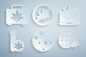 Set Cookies with marijuana, Laptop and or cannabis, Chemical test tube, Legalize globe, Stop leaf and Shopping box of icon. Vector