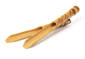 empty wooden bamboo bucket on a white background