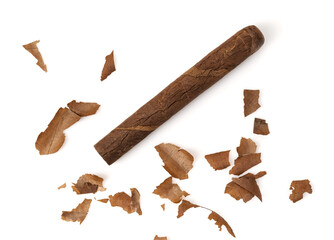 single cigars with tobacco leaves. Isolated over white background.
