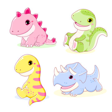 Set of cute dinosaurs - stegosaurus, tyrannosaurus, diplodocus, triceratops