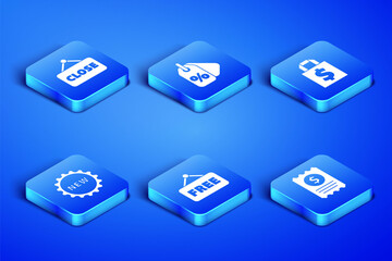 Set Paper check and financial check, Hanging sign with Closed, Price tag text Free, New, Discount percent and Shoping bag dollar icon. Vector