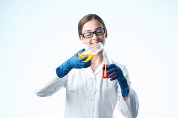 Cheerful woman laboratory assistant chemical solution biology research