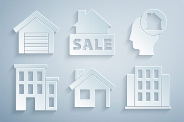 Set House, Man dreaming about buying house, Hanging sign with Sale and Garage icon. Vector