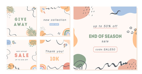 Trendy abstract post templates for social media. Modern square banners with copy space for text. Set of vector minimal cards with geometric shapes and plants in pastel colors. Vector illustration.