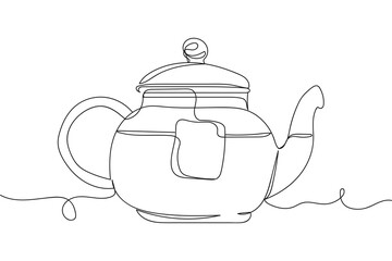 Continuous one line of teapot of hot tea in silhouette on a white background. Linear stylized.Minimalist.
