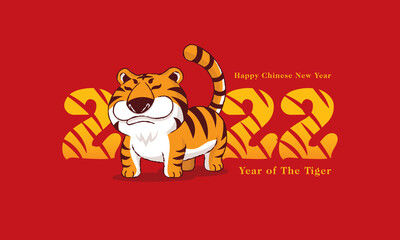 Happy Chinese New Year 2022. Year of the Tiger. Cartoon chubby tiger with 2022 title on red background.