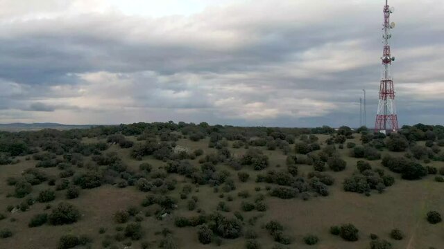 Television repeater in Mozar de Valverde. Spain. Nature in view of drone