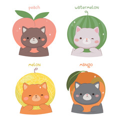 Cute kawaii cat in costume of fruit. Cartoon cat in peach, watermelon, melon, mango. Kid illustration