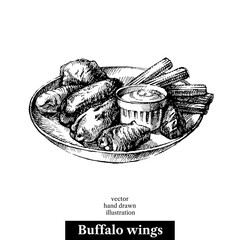 Hand drawn sketch buffalo chicken wings. Vector black and white vintage illustration. Isolated object on white background. Menu design - 445994680